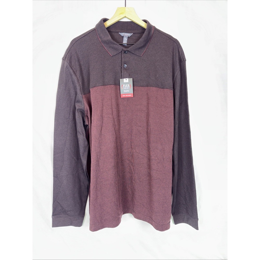 NWT Van Heusen Men's Long Sleeve Shirt XXL Collared 3 Button V Neck Burgundy